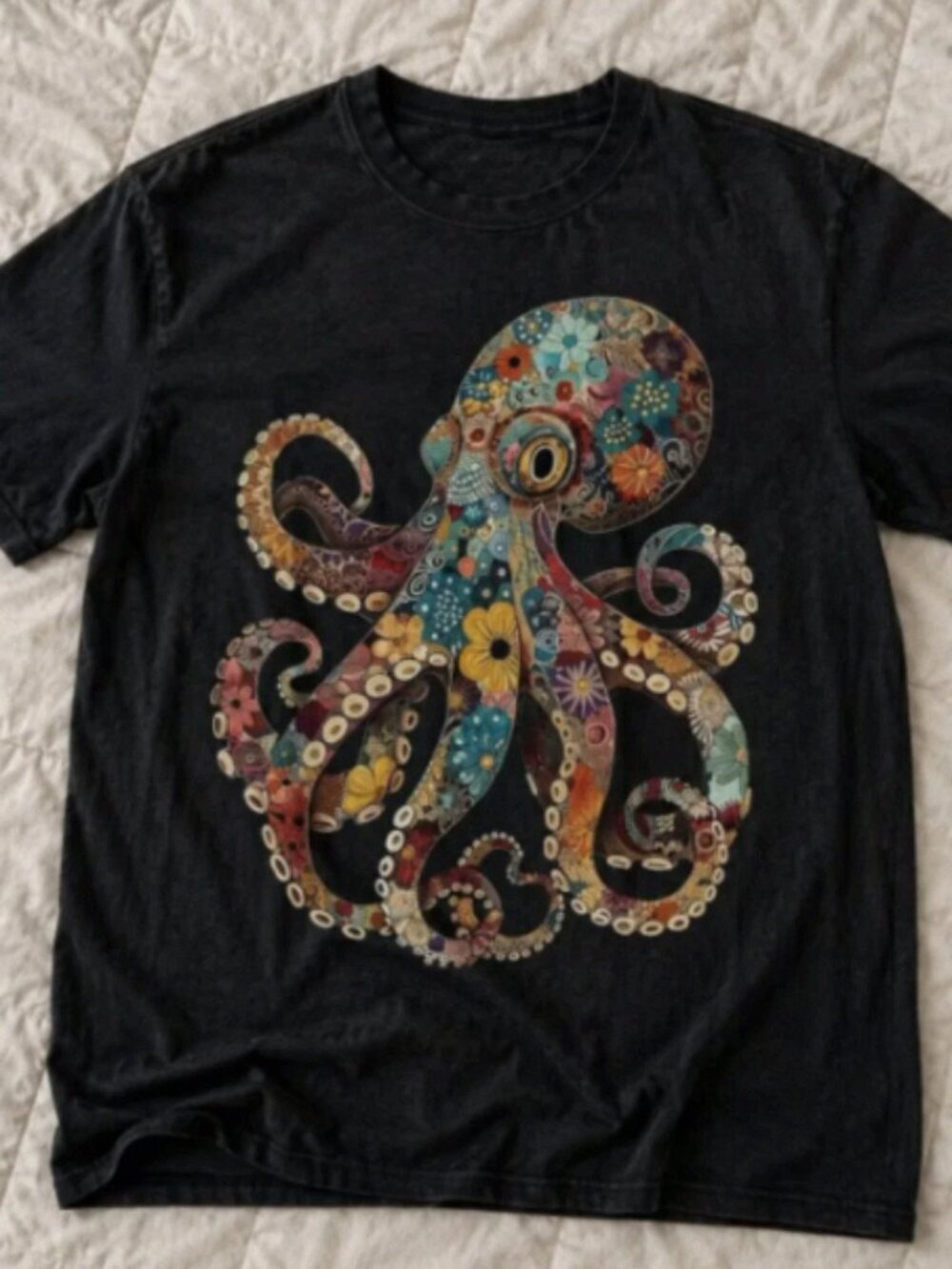 Boho Floral Octopus Graphic T-Shirt Black Marine Life Tee